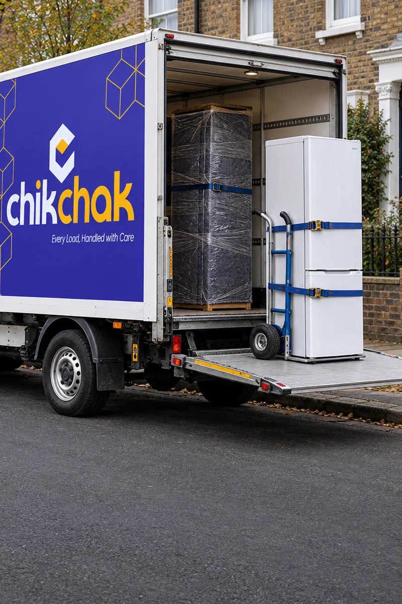 A fridge-freezer strapped to a sack truck on the tail lift of the chikchak van, with a wrapped wardrobe inside