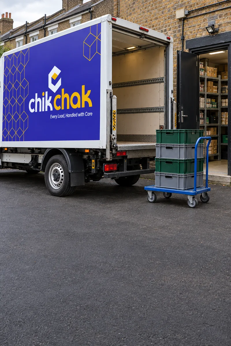 Stacked delivery crates on a trolley between the chikchak van and the back door of a shop stockroom