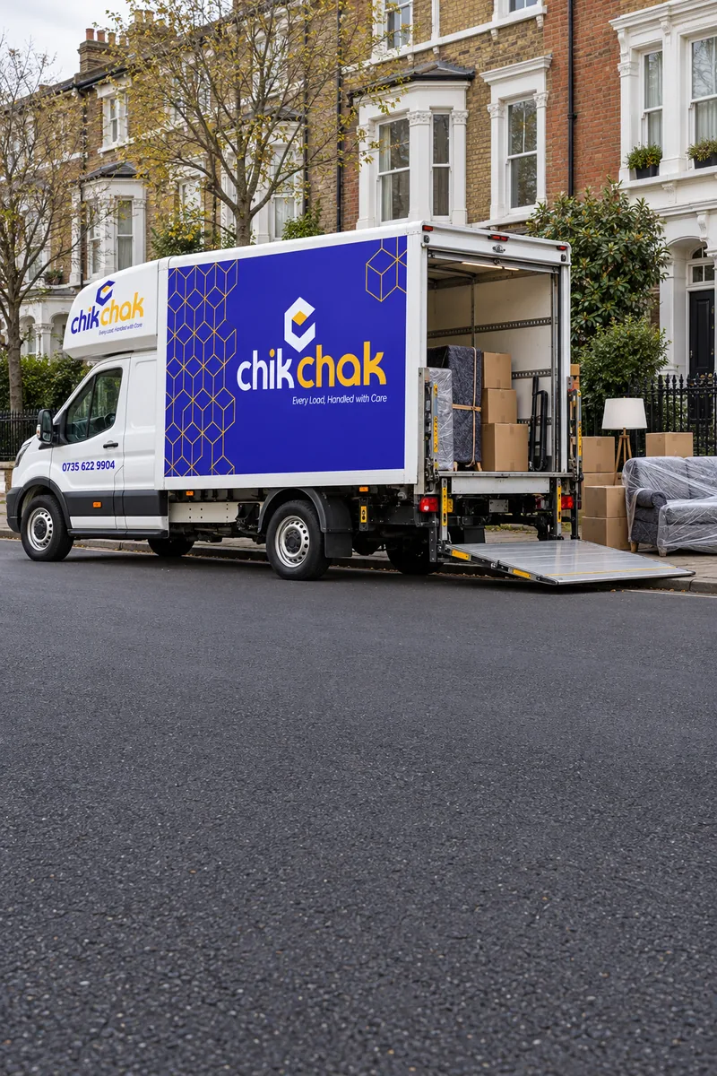 The chikchak van outside a terraced house with its tail lift down, boxes and a wrapped sofa on the pavement