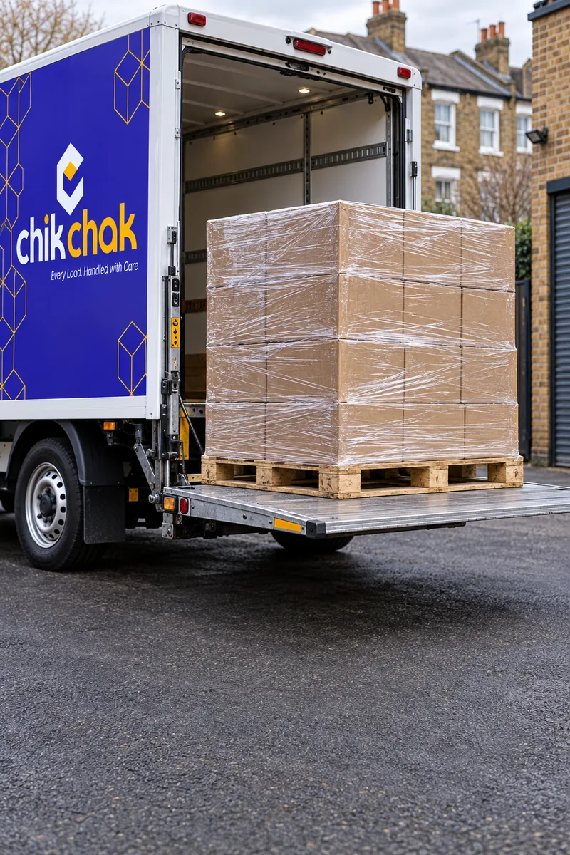 A shrink-wrapped pallet of boxes on the tail lift of the chikchak van in a storage yard