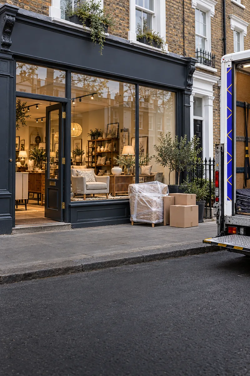 A wrapped armchair and boxes on the pavement outside a furniture shop, with the back of the chikchak van open beside them