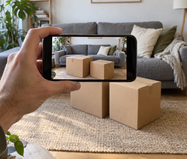 A hand holding a phone, taking a photo of a sofa and two moving boxes in a living room