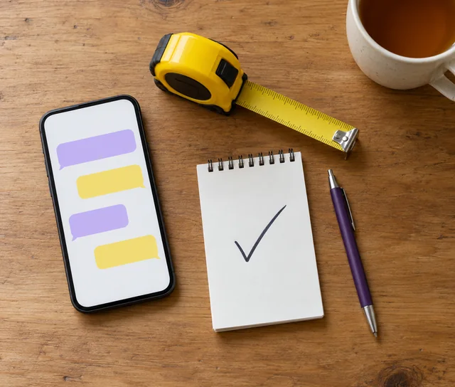 A phone showing a chat, a tape measure and a notepad with a tick on a kitchen table