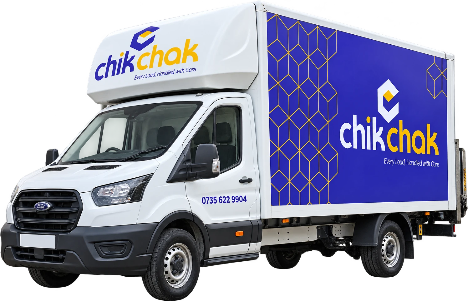 The chikchak Luton van, white cab with a purple and yellow box